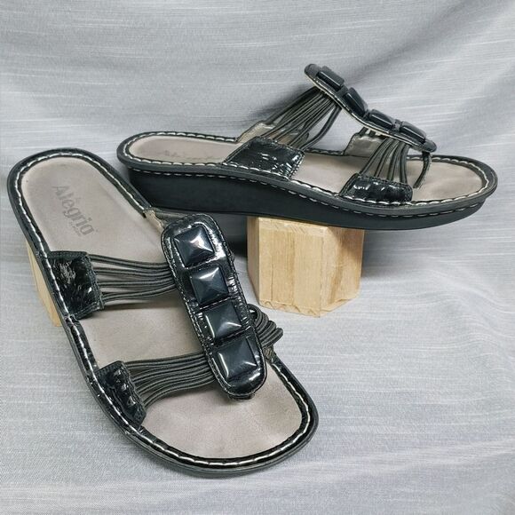 Alegria Black Leather Sandals Flip Flops - Picture 10 of 11